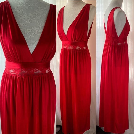 Vintage 70s Gilead Lingerie Red Nylon Nightgown Plunging Deep