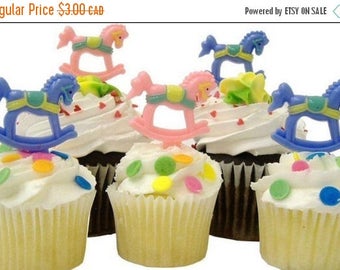 SALE Blue boy baby rocking horse cupcake picks - 1 dozen