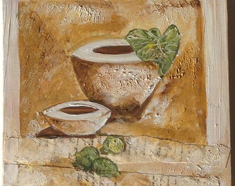 Table bowls and lemons, oil on canvas 30x30cm 3D