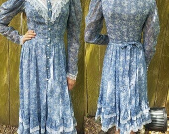 Vintage Gunne Sax dress small xs 1970s blue floral boho prairie dress women's clothing