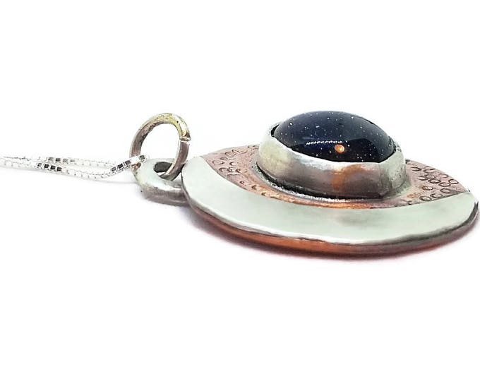 Mixed Metal Moon Necklace, Blue Sandstone Gemstone Necklace, Sterling Silver Celestial Necklace, One of a Kind Gemstone Jewelry