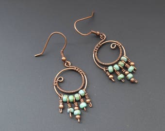 Copper hoop earrings, wire wrapped jewelry, wire jewellery, copper earrings, hook earrings, bohemian earrings,