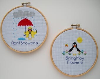 April Showers Bring May Flowers Cross Stitch PDF Pattern - Set of 2 Penguin Cross Stitch Patterns - Instant Download - Printable Pattern