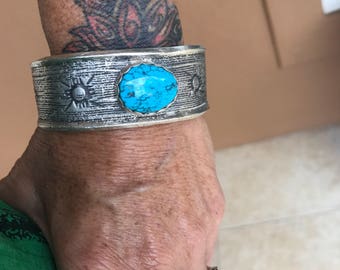 Sterling Silver and Turquoise Large Tufa Carved Cuff Bracelet / Men's Turquoise Cuff/ Mens Sterling Silver Bracelet / Men's Jewelry