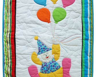 Baby Quilts Handmade, Unisex Crib quilts, baby shower gift, Homemade Quilts, Boy Bedding, Funny clown & Fancy Balloons, Nursery Décor, blue
