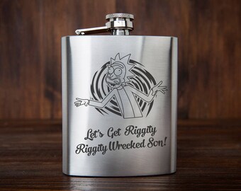 6oz Stainless Steel Rick and Morty Themed Flask Let's Get Riggity Riggity Wrecked