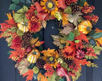 Fall Wreath, Autumn Wreath, Thanksgiving Wreath, Front Door Wreath