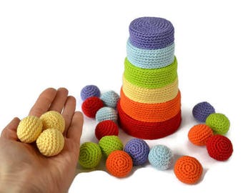 Crochet bowls and balls/Rainbow sorting and colour matching/Set of 6 Rainbow Nesting Bowls/Sorting Bowls with Balls/Colour sorting toy