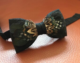 Mens Bow Tie Black silk Bow Tie Genuine Feathered Bow tie Wedding Bow Tie BowTie for kids Grandson TieBow green feathers BowTie Children