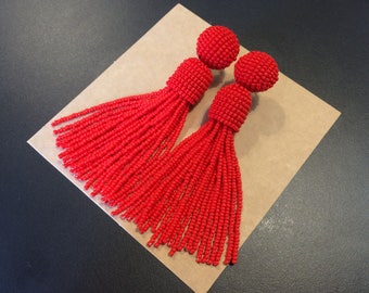 Red tassel earrings oscar de la renta earrings Beaded Tassel Long tassel earrings beaded long seed bead earrings tassel long beaded