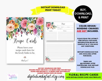 Floral Recipe Cards and Sign Printable, Editable Recipe Card Sign, Flower Bridal Baby Shower, Cooking Card, Kitchen, PDF Instant Download,RC