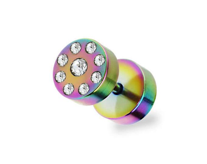 IP Plated 316L Surgical Stainless Steel Fake Plug w/ Solitaire Nine CZ Multi Gem