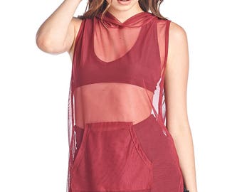 Women's Mesh Sleeveless Hoodie Tunic Top