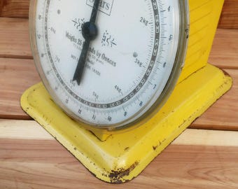 vintage Sears yellow mechanical scale for kitchen or shop, retro kitchen decor, mancave garage shop scale, Sears collectible
