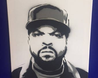 Spray painted stencil of Ice Cube (Rapper) on Canvas
