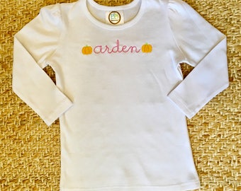 Girls Mini Pumpkin Embroidery Design Long-Sleeved Blanks Boutique Shirt, Sizes 6 mos - 10 years