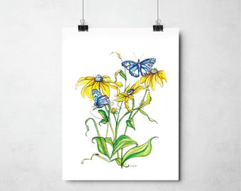 Original Print: Black eyed susan and butterflies