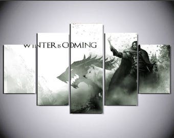 5 Panels Game of Thrones Jon Snow Ghost Winter is Coming Canvas Art Multi Grouped Art Work asoiaf GOT