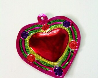 Tin Heart Plaque Handmade Mexican Tin Wall Ornament Mexican Folk Art Recycled Art Hammered