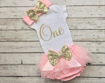 First Birthday Outfit Girl, Pink and Gold Birthday outfit, 1st Birthday baby girl, 1st birthday shirt, baby bloomers, baby sequin headband