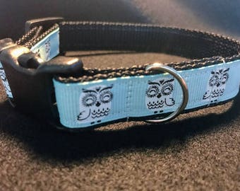 Oliver's Dog Collar - Teal and White Owls