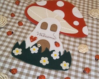 Behind door forest mushroom welcome