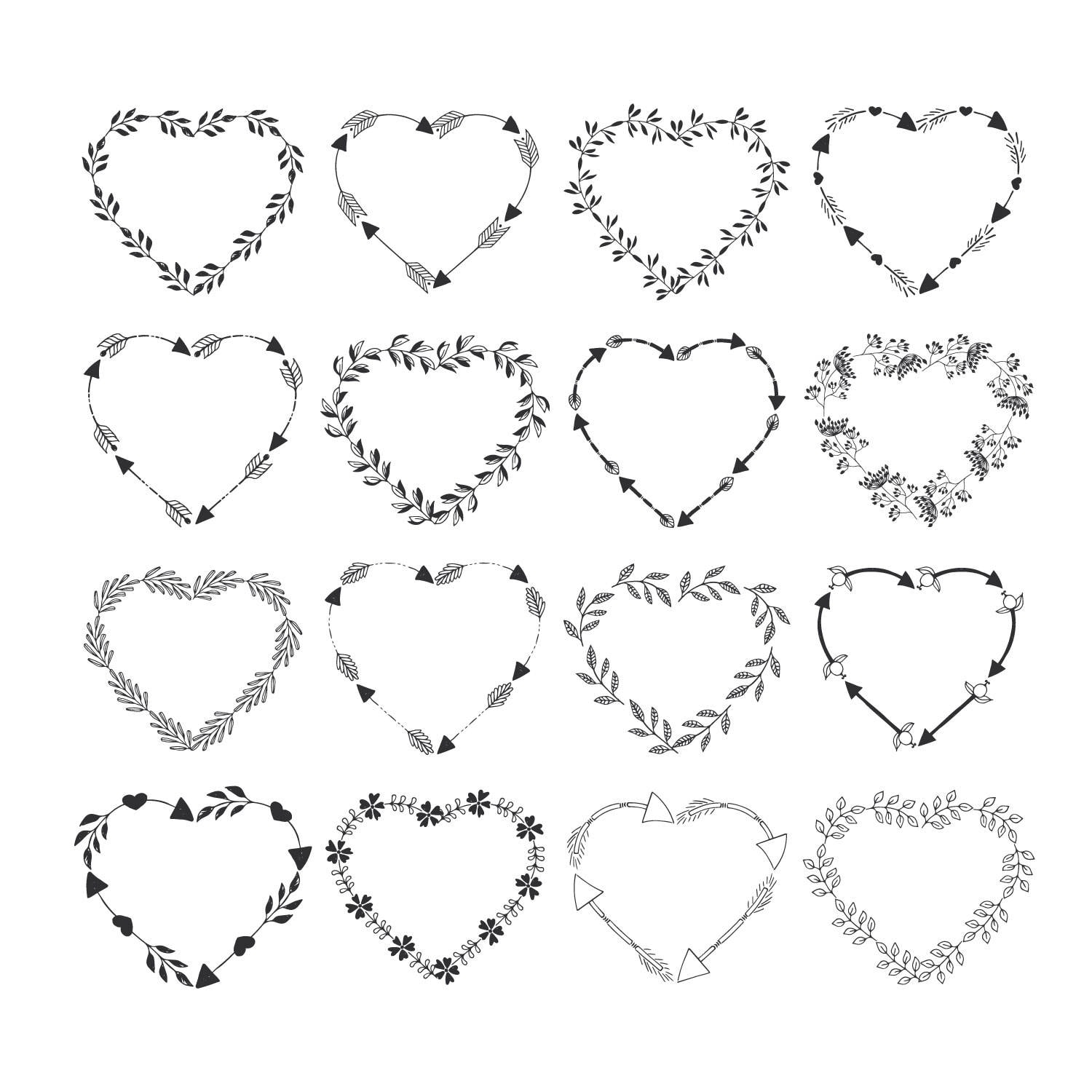 Download Heart frames with herbs flowers and arrows. Wreath svg
