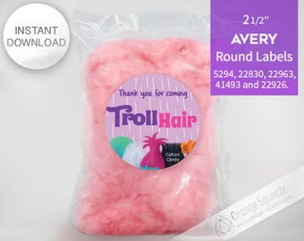 Trolls Cotton Candy - 2 1/2"" Round Labels Printables on AVERY - INSTANT DOWNLOAD, Stickers, Trolls Hair, Trolls Party, Trolls labels