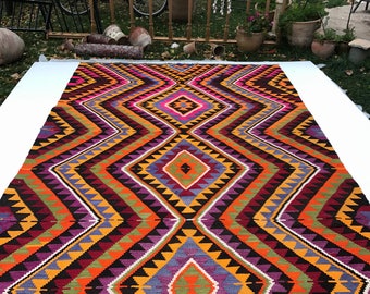 orange kilim rug,anatolian kilim rug,kilim rug.turkish kilim rug,6"7x10"4 ft,diamond kilim rug,living room rug,area kilim rug,Cappadocia Rug