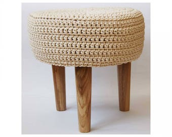 Knitted pouf ,Floor Round Pouf - Ottoman wooden legs, Footstool,