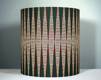 Tall geometric fabric lampshade handmade by vivid shades, modern retro stylish tribal pattern custom made funky and unique