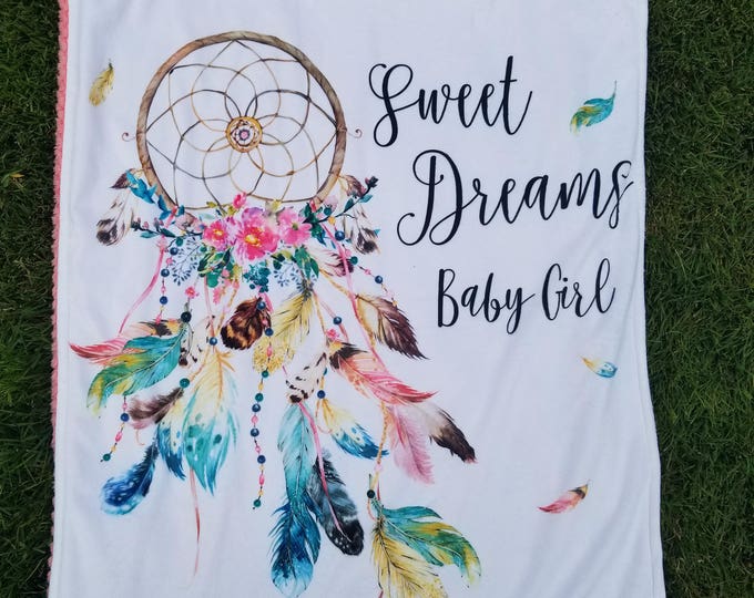 Dreamcatcher Blanket-Baby Girl Blanket-Feather Blanket-Sweet Dreams-sweet dreams baby girl-minky blanket-baby shower gift