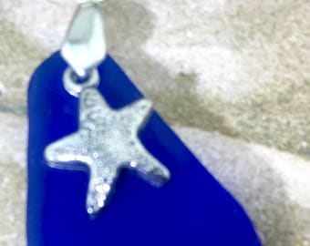 Rare cornflower blue sea glass pendant necklace with charm adjusts from short to long from the ocean. Guinuine sea glass found by me in PR