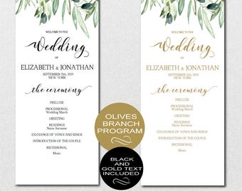 Wedding Program Printable, Wedding Program Template - Green Leaves Rustic Wedding Program-DIY Editable PDF-DOWNLOAD Instantly | VRD135PL