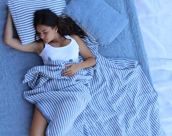 Set of Linen Bedding-4 pieces/Flat sheet/Fitted sheet /2 linen pillow cases -Bedroom linen-Blue stripes linen bed