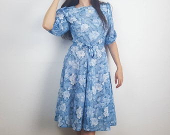 Blue floral dress, sheer dress, puff sleeve dress, knee length dress, belted dress, handmade vintage dress, hippie style dresses L