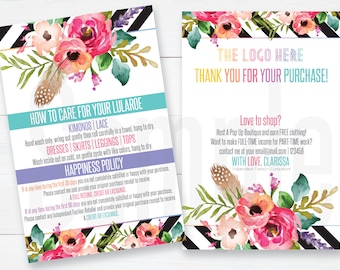 Happiness Policy | Customer Thank you card with care instructions | LuLaRoe Return Policy| 4x6 Boho Flowers
