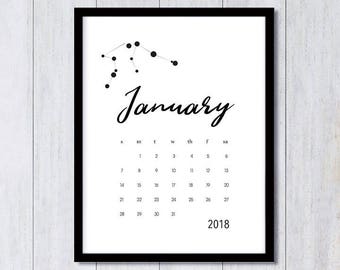 Zodiac Horiscope Pregnancy Announcement JANUARY 2018 AQUARIUS Printable Monthly Calendar, photo prop, due date art Download