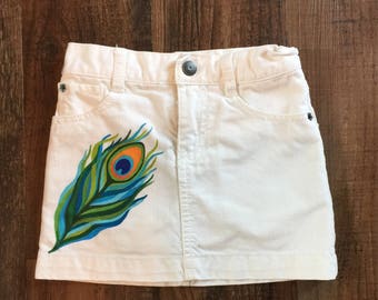 Gymboree White Denim Skort, Peacock Feather Skirt, Hand Painted Clothing, Size 4