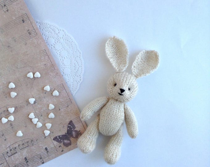 Newborn props, photo props, hand knitted bunny rabbit, 6 inch soft plush toy, stuffed animals, first birthday gift, softies, knit toy