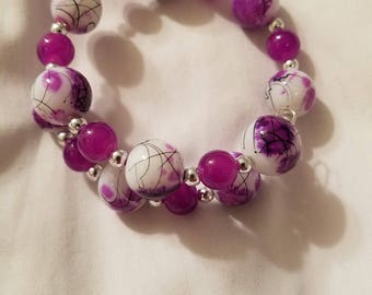 Purple, White, & Silver Wrap Bracelet, Glass beads, Nickel-free Memory Wire. BR14