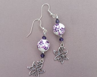 metal flower charm purple flower earrings