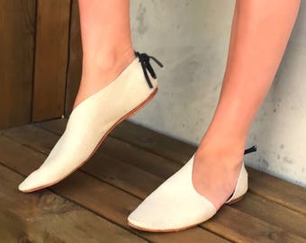 Rilee Shoes ~ Modern asymmetrical pointy toe ballet bootie flats ~ Minimal white leather linen embossed ~ 6-11 Sizes
