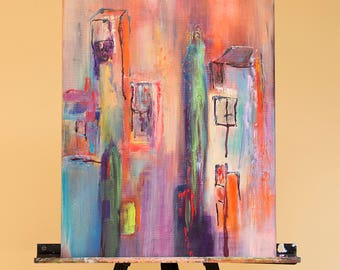 Original, 15x20, acrylic on gallery canvas, contemporary Abstract Cityscape