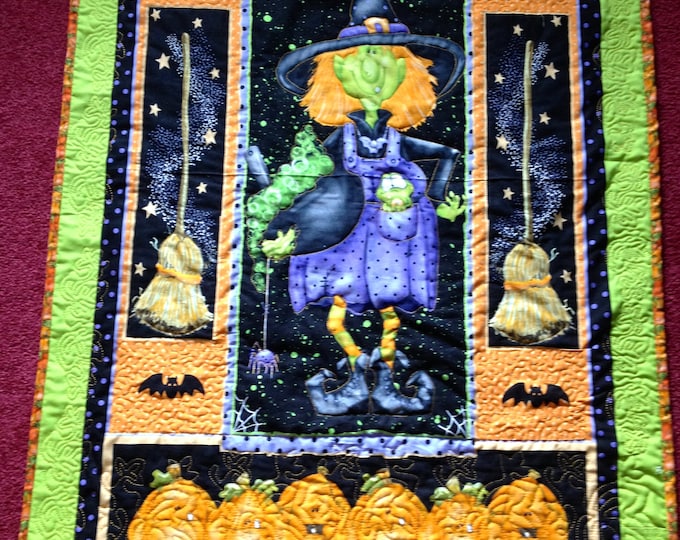 Reversible Halloween Witch With Broomsticks and Pumpkins Table Runner - Door Hanger - Wall Hanging With Thanksgiving Fall Design on Back