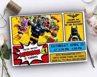 Lego Batman Invitations, Lego Birthday Invitation, Lego Invitation, Lego Party,Lego Batman Party,Lego Batman Birthday,Lego Batman Printable