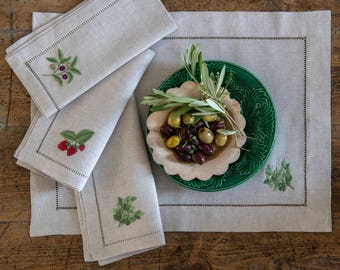 Oatmeal linen embroidered napkins + placemats - set of 4