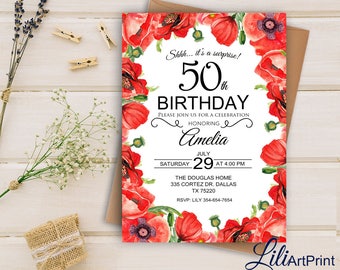 Surprise 50th Birthday Invitation, Red Poppy Birthday Invitation, Poppies Invitation, Any Age Birthday Invite, Digital file 49