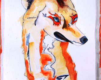 Animal portrait - Wolf - watercolor - charcoal Portrait