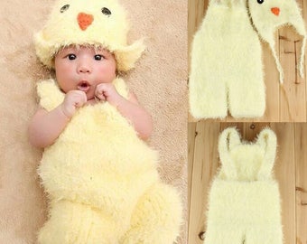 Baby Chick Hat And Romper Suspenders, Newborn Photography Prop, Yellow Chicken, Party Costume, Cute Photo Props, Crochet Chick Set, Girl Boy